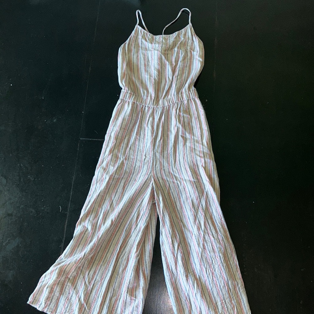 Loft striped jumpsuit with pockets and tie back